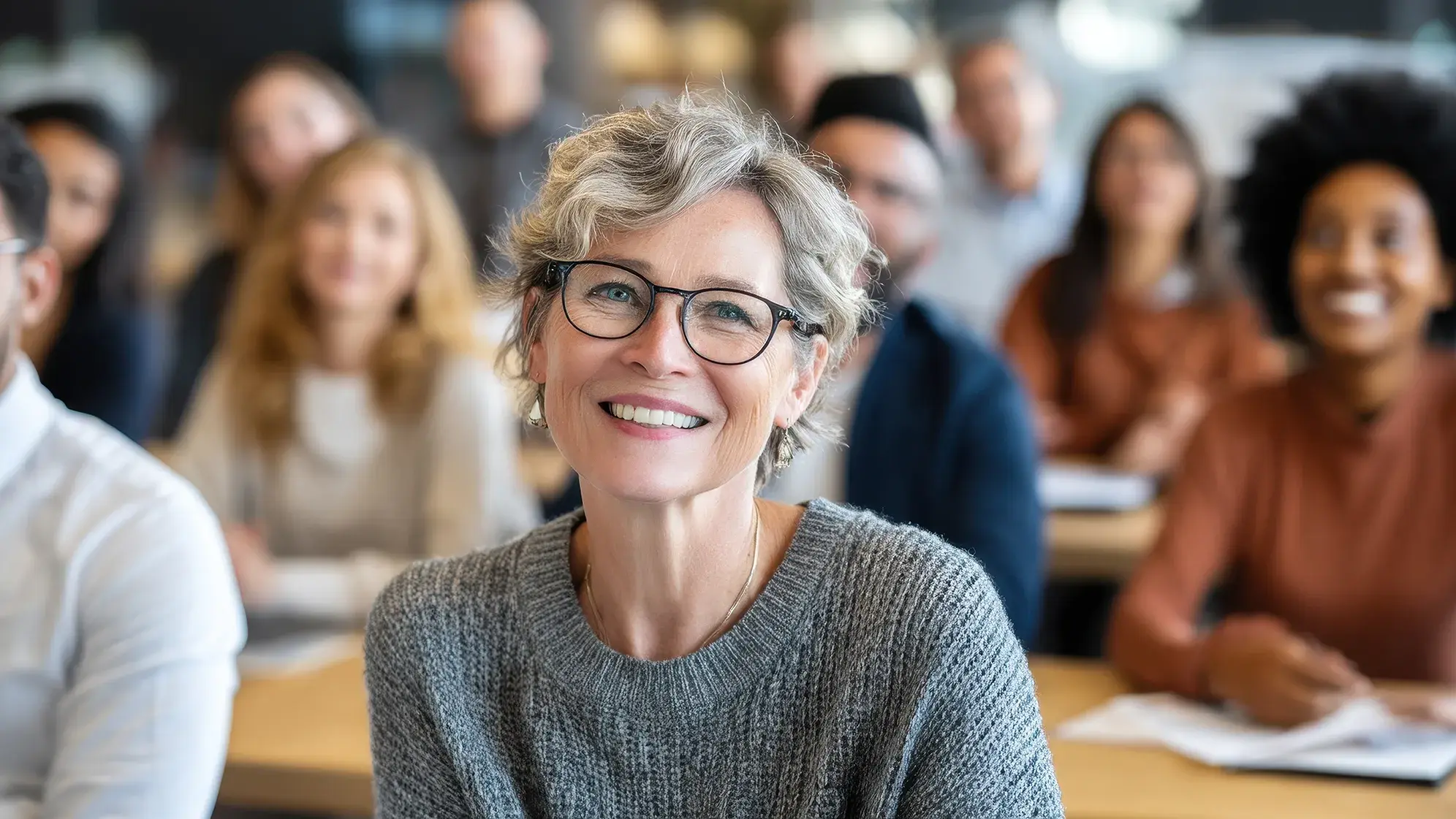older adult woman smiling in a classroom setting with other adults